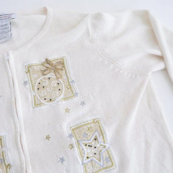 Vintage  Tiara Cream Ugly Christmas Beaded Reindeer Zip Up Cardigan Sweater XL - Picture 8 of 16